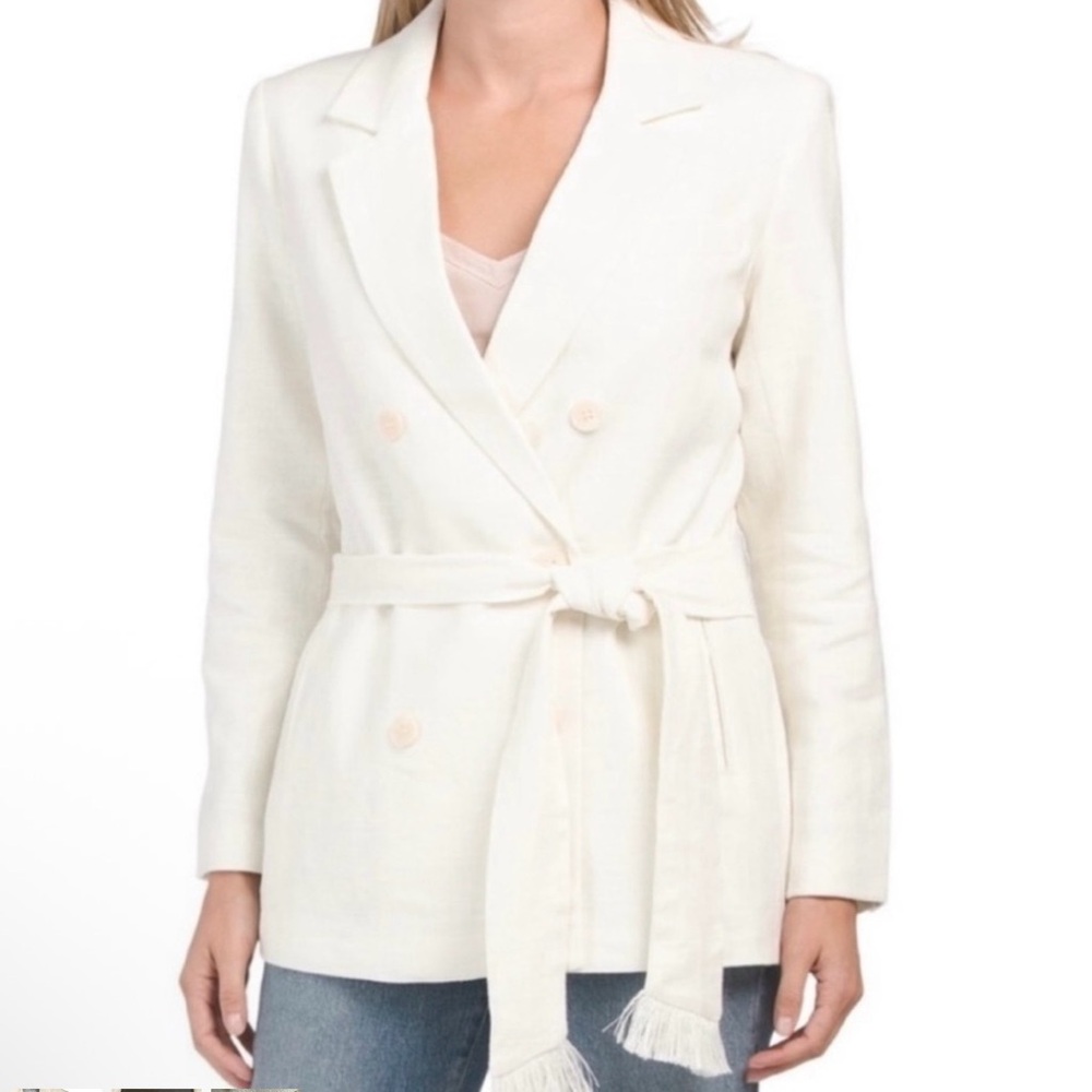 House of Harlow Double Breasted Cream Linen Blend Jacket with Fringed Tie Sz S - Picture 4 of 15